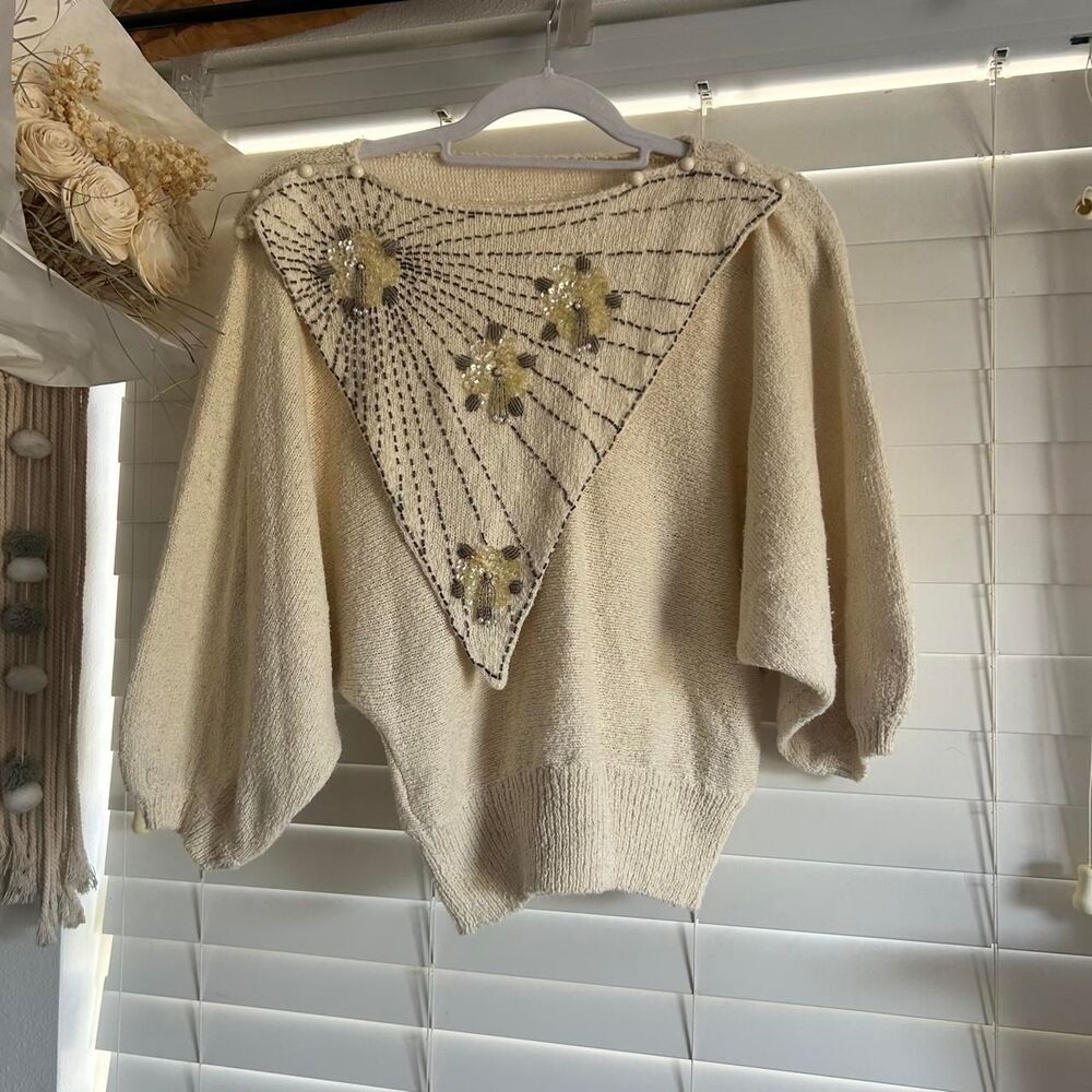 Vintage 80s Cream Beaded Bib Collar Chunky Sweater Size M